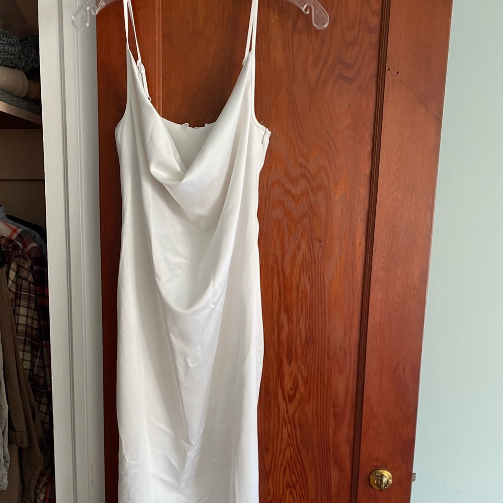 White satin cowl neck dress